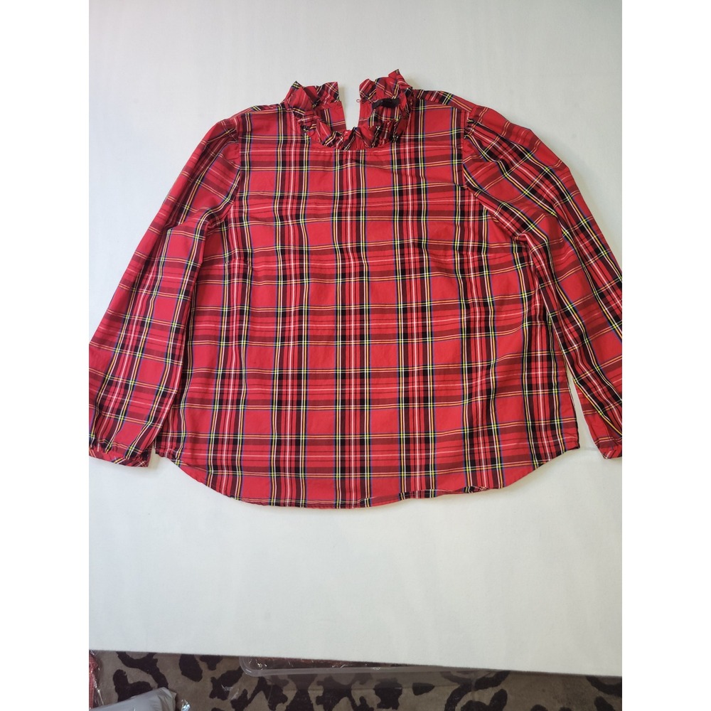 J.Crew XXL Red Plaid Tartan Ruffle Neck Long Sleeve Blouse Top Woven Womans 2214